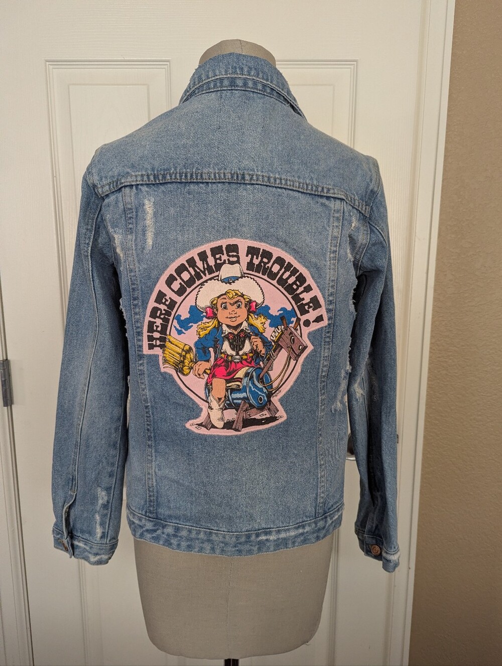 Thread & Supply Denim Jean Jacket Cowgirl Patch On Back "Here Comes Trouble"